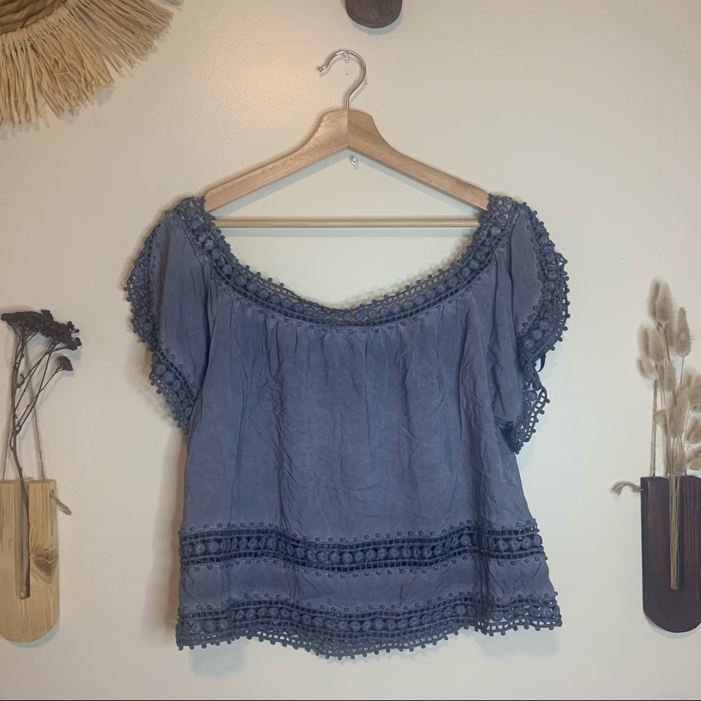 Cottage core Gray Off The Shoulder Crop Top size Medium